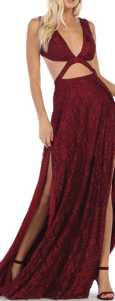 Royal Queen RQ7736 Glitter Lace Double High Slits Burgundy Dress